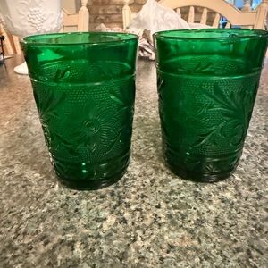 Green Embossed Glass Tumbler - Set of 2 Vintage